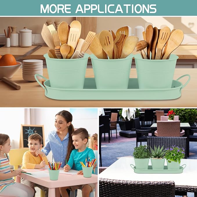 Indoor Herb Garden Set of 3 with Tray and 3 Types of Gardening Tools, Metal Plant Pots Herb Garden Planter Kit with Drainage for Plants (Green)