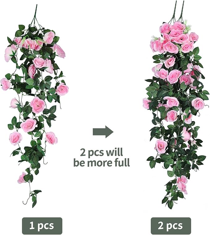 RECUTMS Valentines Day Rose Decorations, Fake Hanging Flower, 2PCS Artificial Rose Vine Plants Flowers Wedding Home Decoration and Wall Décor 3.3Ft Valentines Pink Outdoor Decor (Pink)