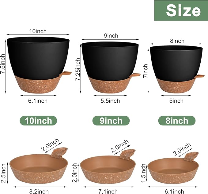 Vanslogreen Planters for Indoor Plants 3 Pack, 10/9/8 Inch Self Watering Flower Pots with Drainage Hole, Plastic Large Plant Pots (Black)