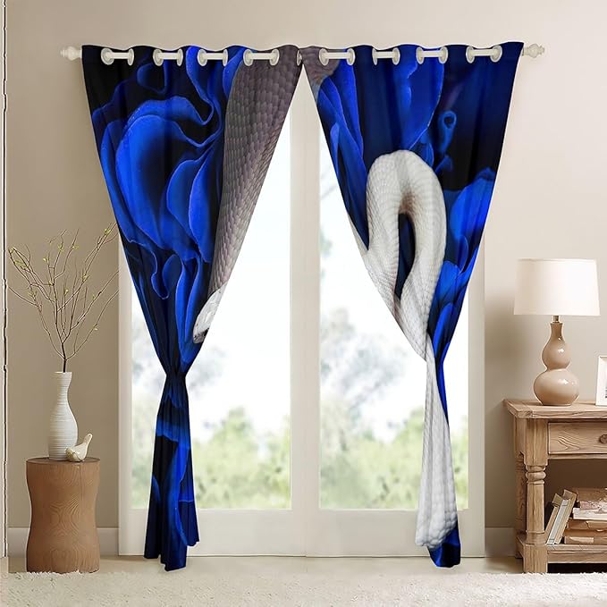 3D White Snake Curtains & Drapes,African Safari Jungle Animal Blackout Curtains,Exotic Blue Rose Flower Window Curtains 2 Panels 52" Wx63 L,S-Shaped Reptile Little Dragon Skin Window Treatments