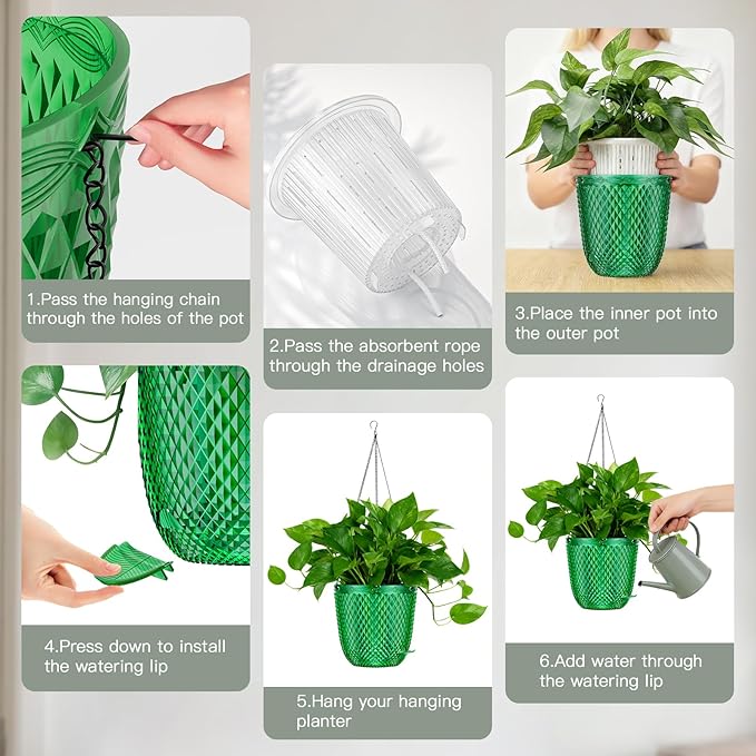 QCQHDU Self Watering Hanging Pots, 2 Pack 7.2 Inch Hanging Planters for Plants Indoor, Flower Pots with Drainage Holes and 3 Hooks Chains for Garden Home (Emerald)