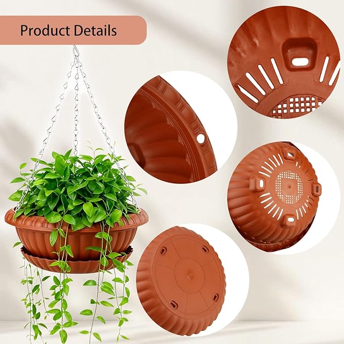 summer flower 3 Pack Large Hanging Planters 12.59in Plastic Plant Pots with Drainage Holes & Trays for Indoor Outdoor Garden Wall Window Decor (Red)
