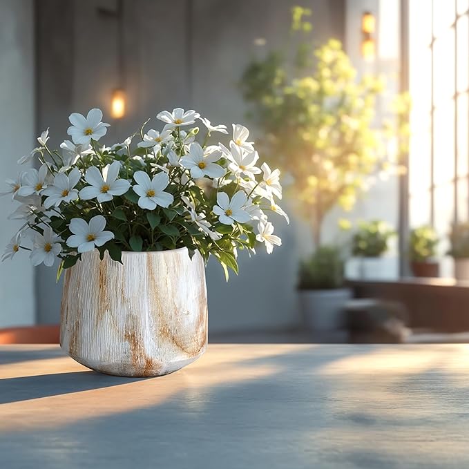 LuxenHome Planters for Indoor Plants, Set of 2 Outdoor Plant Pots with Drainage Hole, Flower Pots for Plants, Rustic Wood Grain Texture Round Tapered Concrete Planter Pots for Home Garden Patio