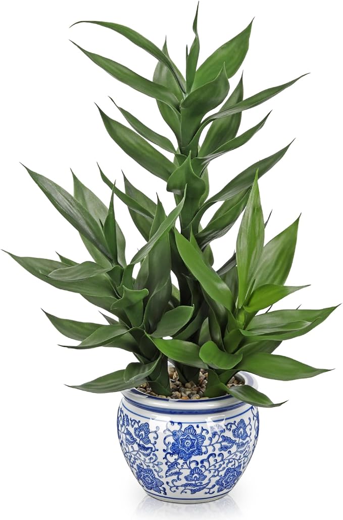 Artificial Potted Plants Indoor Home Decor 20" Tall Fake Lucky Bamboo Plant in Blue and White Ceramic Pot Faux Potted Plants Indoor Houseplant for Home Tabletop, Office Desk, Shelf, Zen Room
