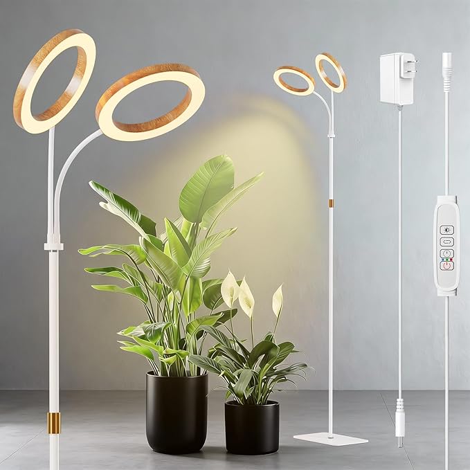 Dual Head Grow Light for Indoor Plants Full Spectrum-Floor Standing Plant Lamp with Auto Timer 6/12/18H, 5-Level Dimmable & Adjustable Height 16.5-68in for Large Tall Plants | Faux Wood Design