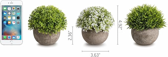 Opps Artificial Plastic Mini Plants Unique Fake Fresh Green Grass Flower in Gray Pot for Home Décor – Set of 3
