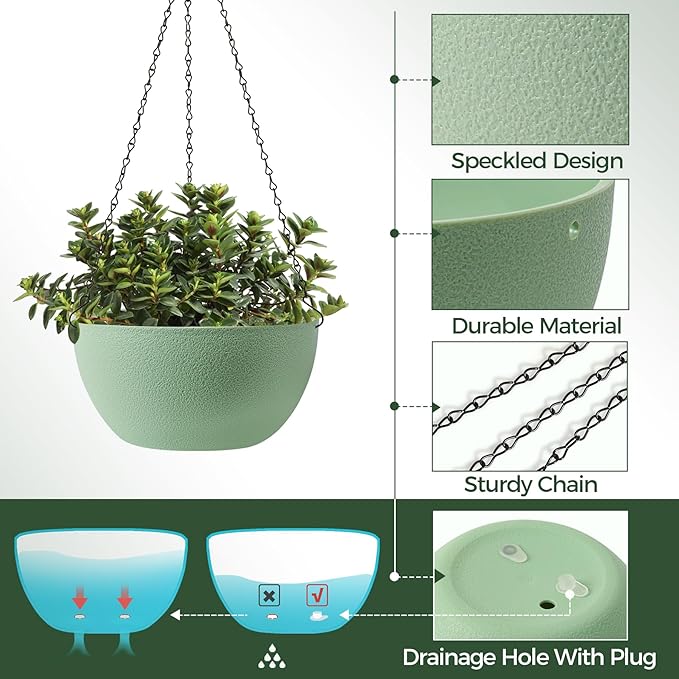 T4U 8 Inch Hanging Planter for Indoor Plants, 2 Pack Small Pots with Drainage Holes, Flower Basket Plant Holder for Home, Green