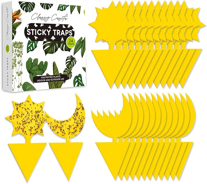 Classy Casita Yellow Sticky Traps - Fungus Gnat Trap, Gnat Traps for House Indoor, Insect Catcher Traps for Plant, Bug Sticky Traps for Plants, Fruit Fly Traps for Indoors, Fly Traps Outdoor - 24-Pack