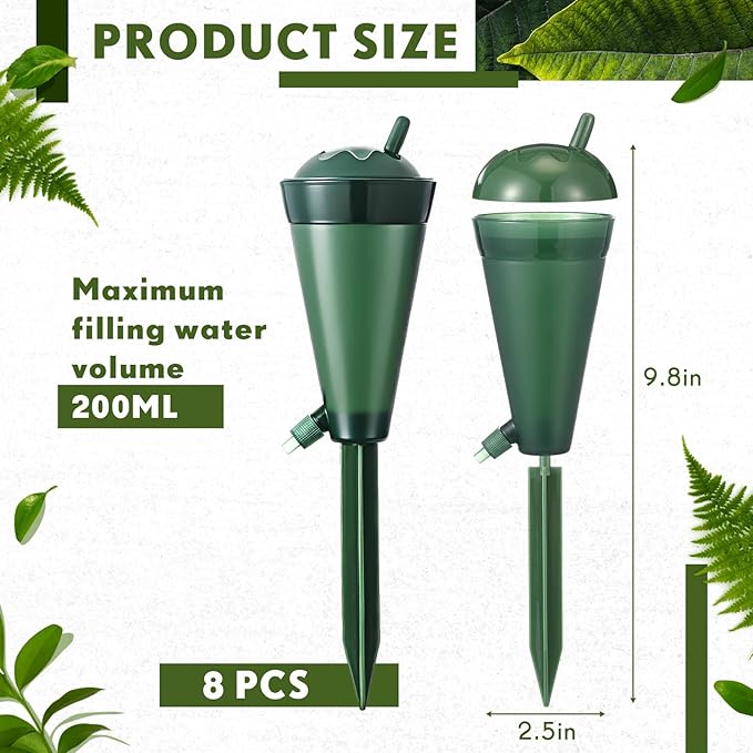 Baderke 8 Pcs Plant Self Watering Spikes Devices Automatic Plant Watering Globe Self Watering Planter Insert Stakes for Indoor Outdoor Garden Houseplant(Green)