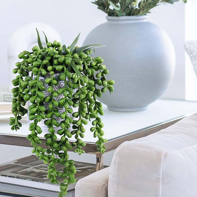 Set of 3 Assorted Small Potted Succulent Plants Fake Aloe String of Pearls Hops Succulents in Gray Geometric Concrete Ceramic Pots for Gifts Modern Home Office Desk Table Indoor Outdoor Greenery Decor