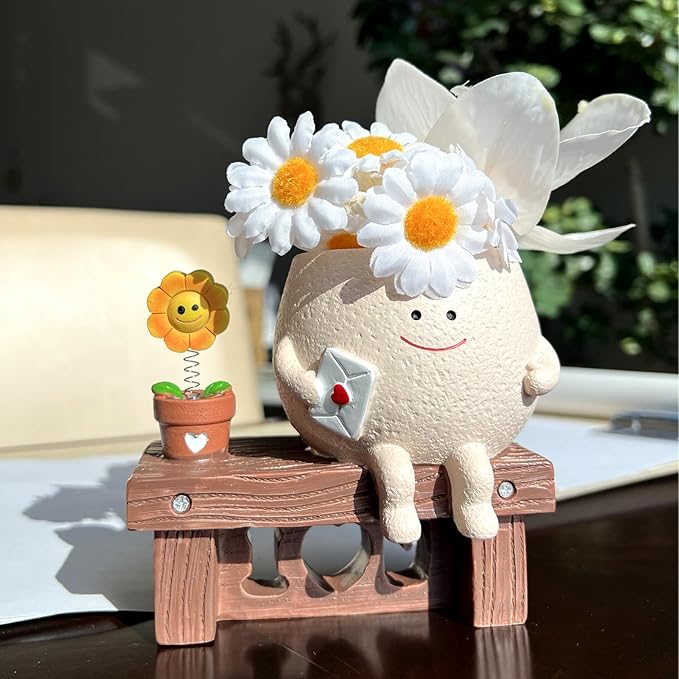TEARS OF GAIA Smiling Face Planter Pot, Cute Resin Flower Head Planters with Drainage, for Mom, for Expressing Love, Unique Funny Succulent Plant Lover Gift (I Love U)