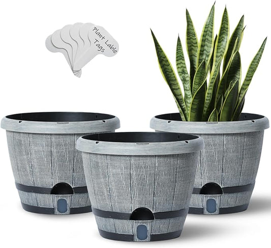 Sun-E Whiskey Barrel Self Watering Planters 10 Inch 3Pack with Water Level Window, Drainage Holes, Saucers & Plant Tags-Gray Imitation Wood Grain Pots for House Plants,Plants&Decor Not Included