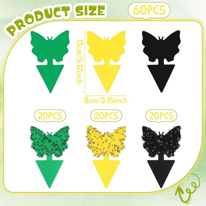 60 Pack Fruit Fly Traps Fungus Gnat Sticky Traps Yellow Black Green Plant Fly Stickers Double Side with Shovel for Indoor Outdoor Kitchen Garden Houseplant Flying Bug Insect (Butterfly)