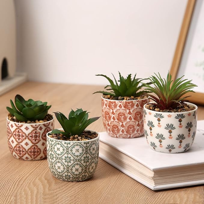 Artificial Plants Succulent Flowers in Ceramic Planter 2 Pack Small Fake Plants Potted for Home Office Desk Decor Farmhouse Living Room Bedroom Shelves Decoration