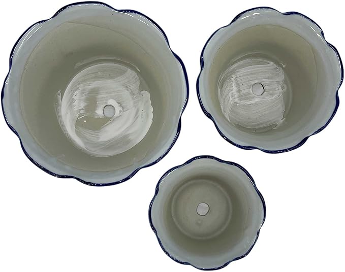 Galt International Blue & White Floral Porcelain Ceramic Decorative Flower Pot 8"/6"/4.5" Garden Pots Chinese Asian Design - Set of 3 Cylinder Fluted Edge