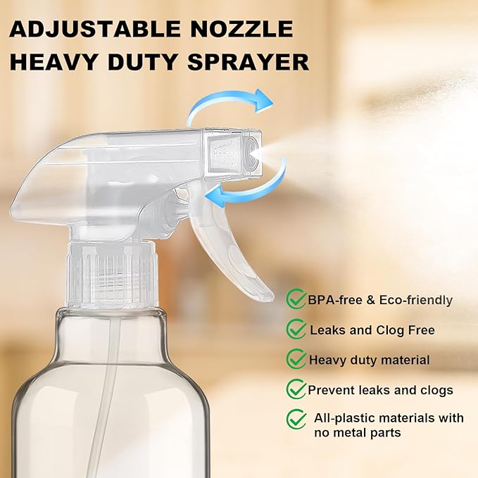 Glass Spray Bottles 16.9oz Empty Spray Bottle Mist/Stream Spraying Small Refillable Containers for Hair Care, Cleaning Solutions, Plants, Essential Oils 2 Pack (Clear, 16.9oz)