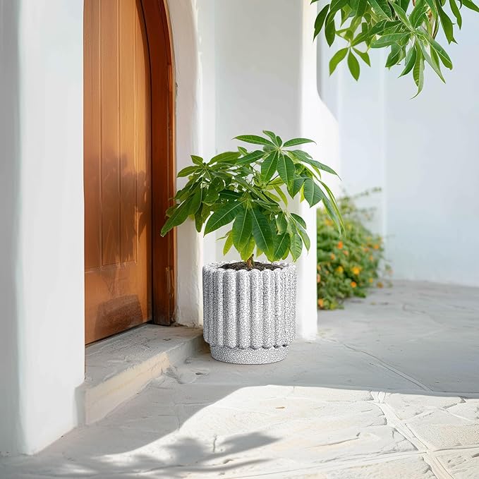 Ceramicfor Ceramic Flower Pots - 9.6 Inch Indoor Planter, Decorative Ceramic Plant Pots with Drainage Hole, Fluted Round Large Planter Outdoor, Living Room Decor, Gifts for Women Men, Black and White