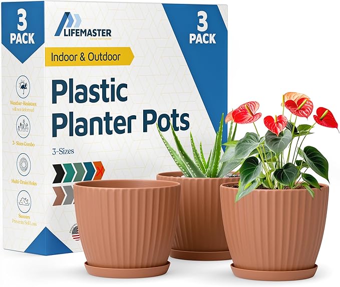 Terracotta 6-Inch Plant Pots with Drainage & Saucers 3 Pack, Indoor & Outdoor Planters for Houseplants, Herbs, and Flowers, Durable & Weatherproof Material, Stackable, Lightweight, Minimalist Design