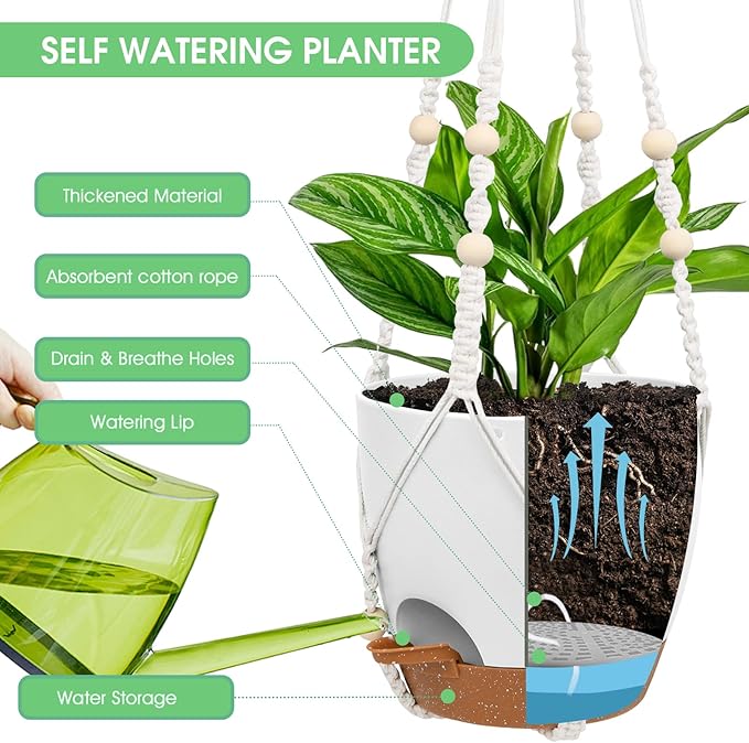 Vanslogreen Hanging Planters for Indoor Outdoor Plants, 2 Pack Self Watering Hanging Pots, Hanging Plant Baskets with Drainage Holes & 2 Types of Plant Hangers (White, 6'')