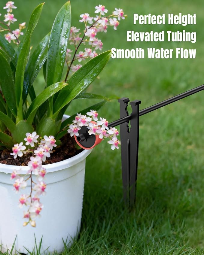 Pawfly 100 Pcs Irrigation Drip Support Stakes for 1/8"-1/4" Drip Lines, 5.6" Length, Plastic Drip Irrigation Stakes, 1/4 Inch Tubing Hose Holder, Drip Irrigation Support Stakes for Garden Patio Lawn