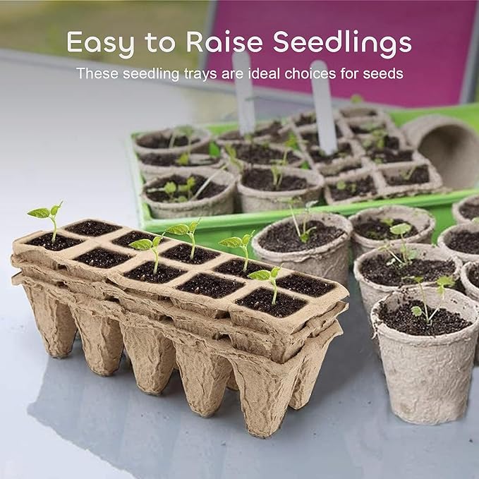 GROWNEER 120 Cells Peat Pots Seed Starter Trays 12 Packs Biodegradable Seedling Pots Germination Trays Organic Plant Starter Kit with 15 Pcs Plant Labels