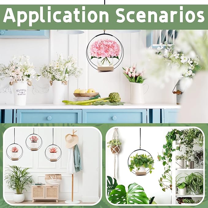 Hanging Planter for Indoor Plants,Plant Hanger with Wood Base,Boho Macrame Hanging Plant Holder,Wall Ceiling Window Hanging Plant Holder,Home Décor, Black, Round(Plants/Pots Not Included)
