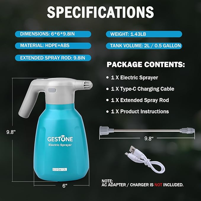 Electric Spray Bottle 2L/0.5 Gallon Plant Mister, Automatic Watering Can Rechargeable Battery Powered Garden Sprayer with Adjustable Nozzle for Plants Fertilizing,Weeding and Cleaning