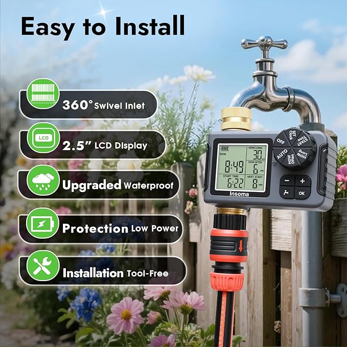 Water Timer for Garden Hose with 100% Metal Pipe, Programmable Sprinkler Controller for Garden Faucet with Auto/Manual/Rain Delay Mode, Irrigation Timers for Lawn, Yard, Outdoor Plants