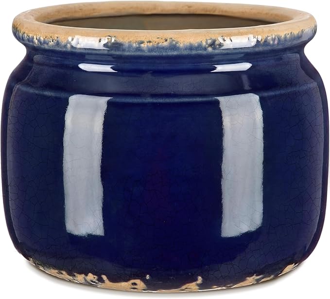 7.7" Large Ceramic Plant Pot Navy Blue Vintage Planter Crackle Glaze Decorative Coastal Flowers Pot with Drainage for Indoor Outdoor Plants Home Shelf Kitchen Office Patio Decor Gift