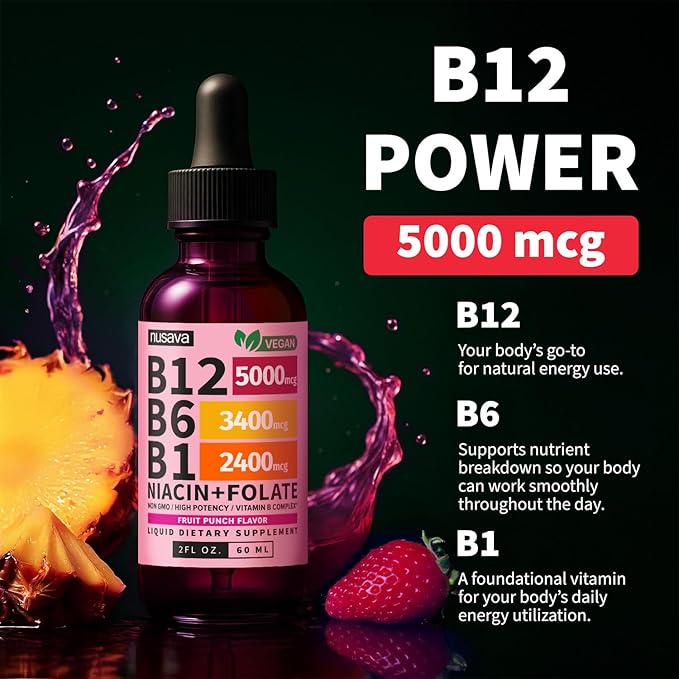 (2 Pack) Vitamin B12 and B6 Liquid Drops, B12 Sublingual Vitamin B Complex - B 12 Vitamin 5000mcg - B12 Methylcobalamin for Energy, Brain, and Heart Support with 27,200 mcg, Fruit Punch, 80 Servings