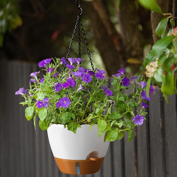 ZMTECH 12 Inch Hanging Planters for Indoor Outdoor Plants, 2 Pack Self Watering Hanging Plant Pots with Drainage Hole, Visual Reservoir, Plastic Flower Hanging Pots with Watering Lip (White)