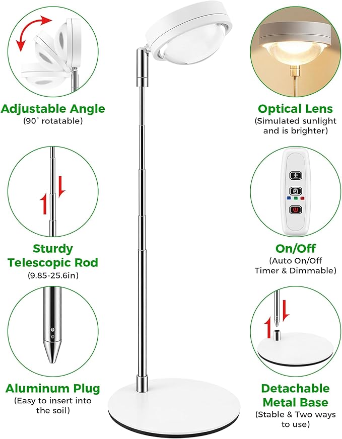 Plant Grow Light, Full Spectrum Grow Lights LED Spotlight with Metal Base, Desk Plant Growing Lamps with Auto On Off Timer 3/9/12H, 6 Brightness Levels, 9.8-25.6'' Adjustable Height