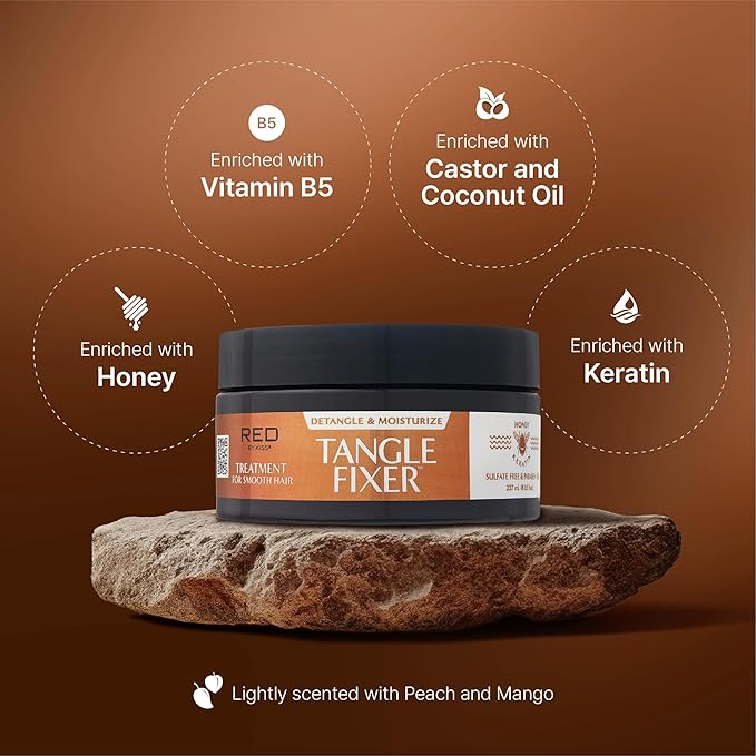 Red by Kiss Tangle Fixer with Honey & Keratin, Sulfate-Free Intensive Detangling Treatment for Shine & Frizz Protection, Mango & Peach Scent