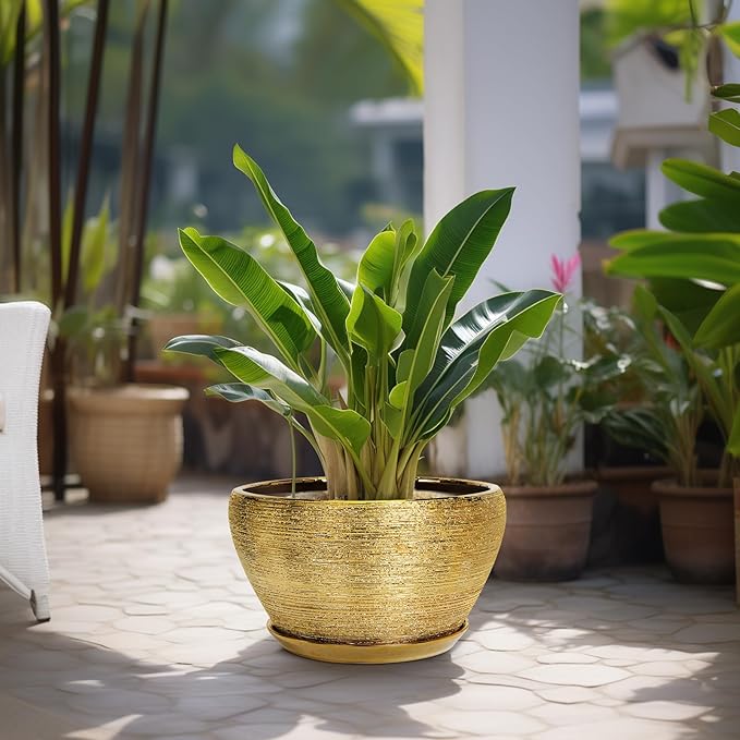 Ceramicfor Ceramic Planter 13 Inch - Indoor Plant Pot with Drainage Hole and Saucer Large Ceramic Pot for Plants Mid-Century Decorative Modern Outdoor Flower Pot for Home Decor Gold