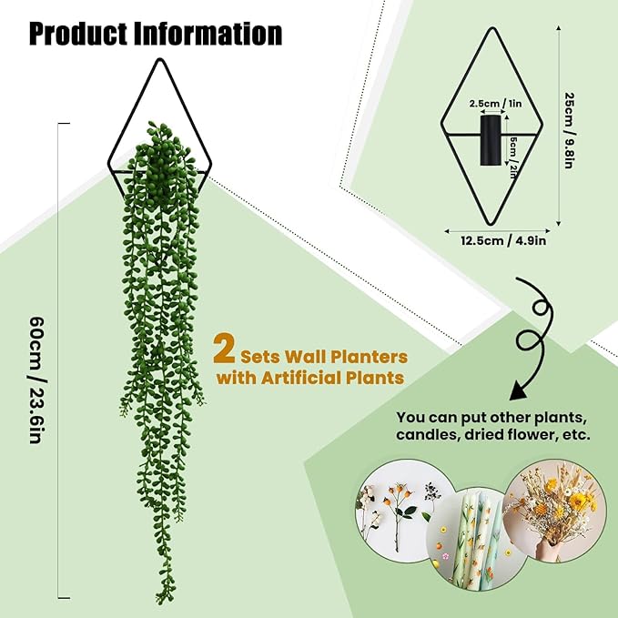 GREENTIME 2 Pack Artificial String of Pearls 22" Fake Hanging Plants with 9.8" Diamond Metal Wall Decor for Living Room Hangling Planter Indoor UV Resistant No Maintenance Boho Outdoor Bedroom