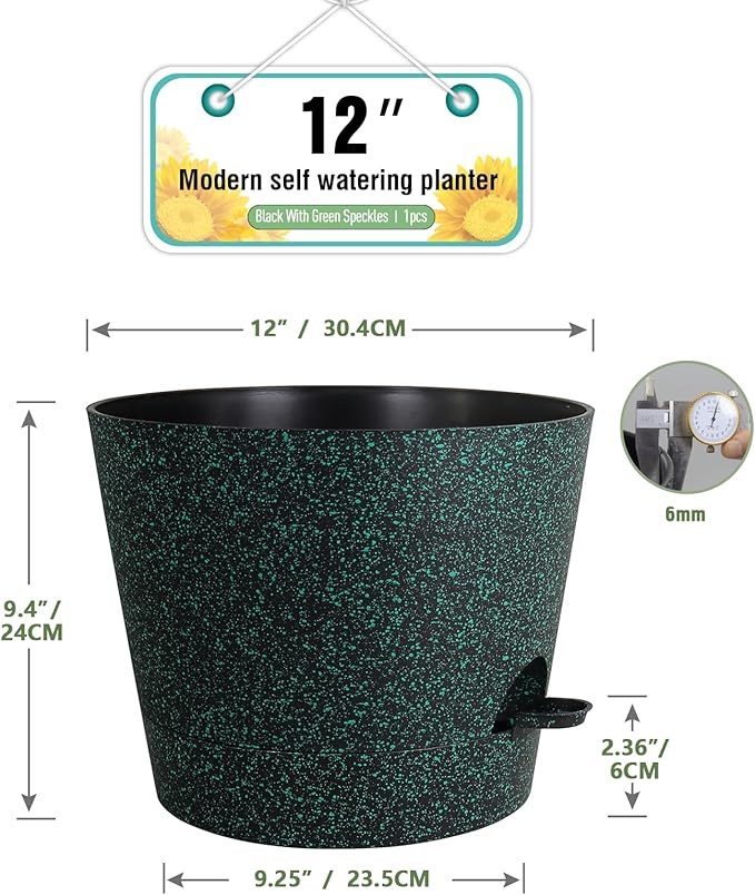 Meowell 12 inch Large Self Watering Pots for Indoor Outdoor Plants, Flower Plant Pots with Mesh Drainage Holes for Garden, Plastic Planters with Reservoir for Home Plants, Black with Green Speckles