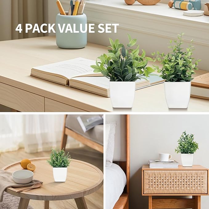 4 Pack Small Fake Plants Artificial Potted Greenery - 7.5 Inch Mini Faux Plants for Indoor Home Office Desk, Bathroom, Farmhouse, Mantel Decor