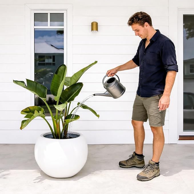 KUTE NEST 16" H x 20" D Premium Globo Fiberstone Round Planter with Drainage Hole, Smooth Finishes, Weather Resistant for Indoor and Outdoor Use, Included 2 Extra Coco Mats (White, 13.5" Pot Opening)