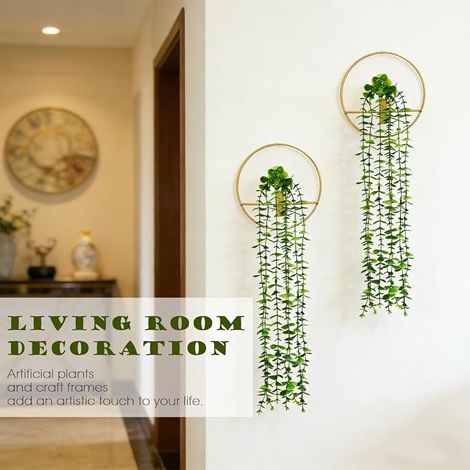 GREENTIME 2 Pack Fake Eucalyptus Hanging Plants 22" with 8" Round Metal Hanging Planter for Indoor Wall Decor Living Room Boho UV Resistant No Maintenance Office Decoration Outdoor