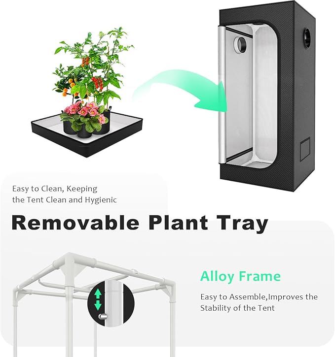 Grow Tent 50x50x100cm, 600D Aluminium Film Coated Indoor Plant Tent with Observation Window, Full Spectrum LED Light, Efficient Airflow Ventilation System 70cm