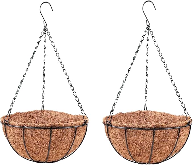LaLaGreen Hanging Planters for Outdoor Plants (2 Pack, 12 Inch) Hanging Baskets with Coco Liner Flower Pots, Metal Wire Round Plant Holder Hanger Hook Chain Deck Porch Garden Balcony Farmhouse Decor