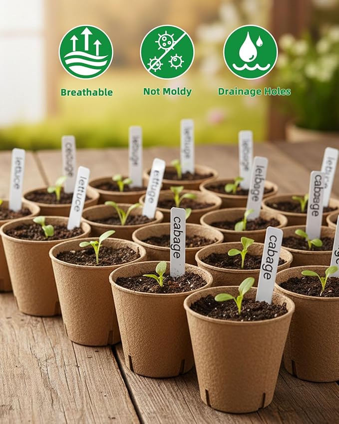 3.15Inch Peat Pots 60Pcs Biodegradable Pots for Seedling, Round Plant Seed Starter Pots with 60Pcs Plant Labels, Garden Germination Nursery Pots for Flower Vegetable Saplings & Herb Seed Germination