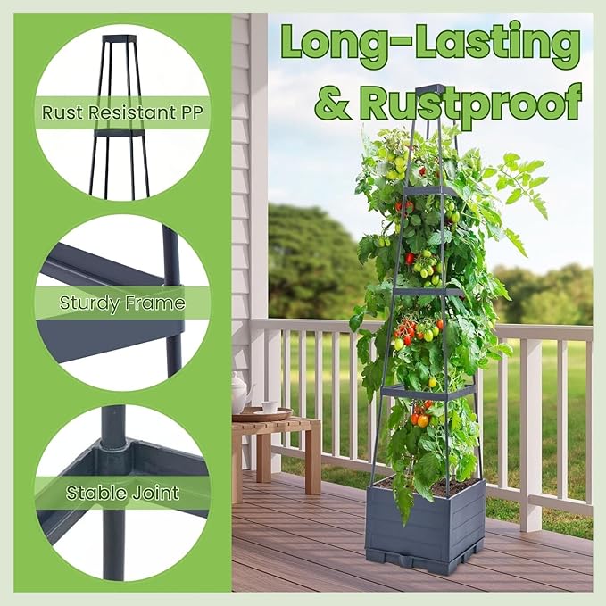 Lancisism Raised Garden Bed Tomato Planter with Trellis - 57" Self Watering Planters Box for Climbing Plants Vegetables Flowers - Garden Tomato Pots with Cage for Patio Greenhouse Indoor Outdoor