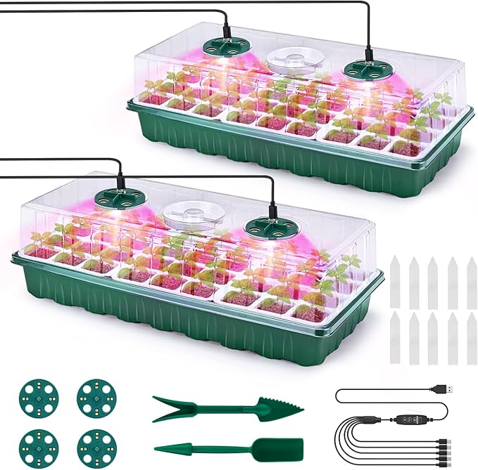 Pattiumo 2 Packs Seed Starter Tray with Grow Lights, 72 Cells Silicone Seed Starter Kits with Humidity Dome, 3 Lights for Seed Starting, 4 Timing Set, 8 Full Spectrum Germination Kit for Plant Seeds