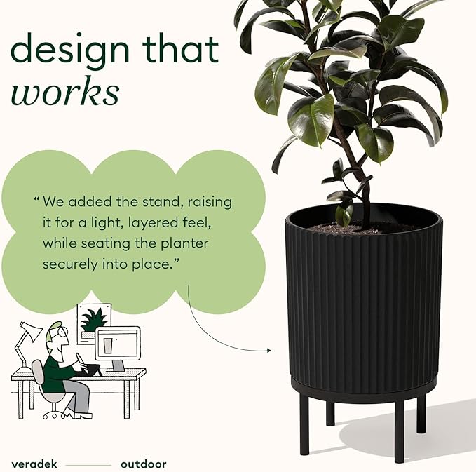 Veradek Demi Series Round Planter w/Stand for Porch/Patio | Durable Plastic-Stone Composite & Wooden Stand | Modern Décor for Tall Plants, Flowers