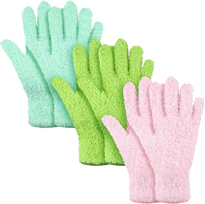 Patelai 3 Pairs Microfiber Plant Dusting Gloves Leaf Cleaning Gloves for Indoor Plants, Blinds, Furniture, House (Green Yellow,Water Blue,Pink,Large)