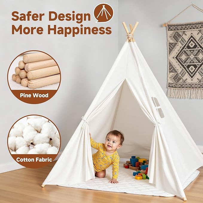 Sumbababy Teepee Tent for Kids with Mat, Cotton Canvas Indoor Foldable Tee Pee Tent for Toddler Slumber Party, Washable Play Tents Gift Toy for Girls & Boy