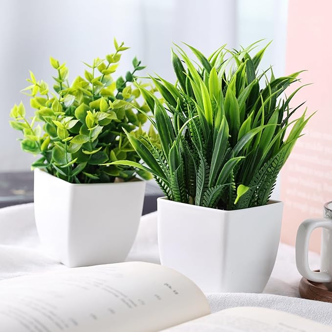 DomeStar 2PCS Fake Plants Indoor - Small Faux Potted Greenery for Home Decor, Desk, Shelf, Kitchen, Office & Bathroom Decor