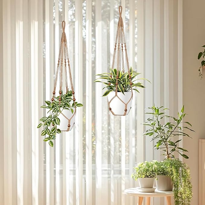 LEWESU Jute Macrame Plant Hanger Indoor Set of 2 Hanging Planter Basket Flower Pot Holder with Decorative Wood Beads & No Tassels for Indoor Outdoor Boho Home Decor, 35 Inch Brown (Pots Not Included)
