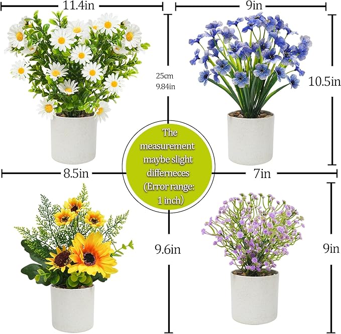 4 Packs Fake Plants Small Artificial Potted Flowers Mini Faux Plants for House Office Bathroom Farmhouse Tabletop Decor